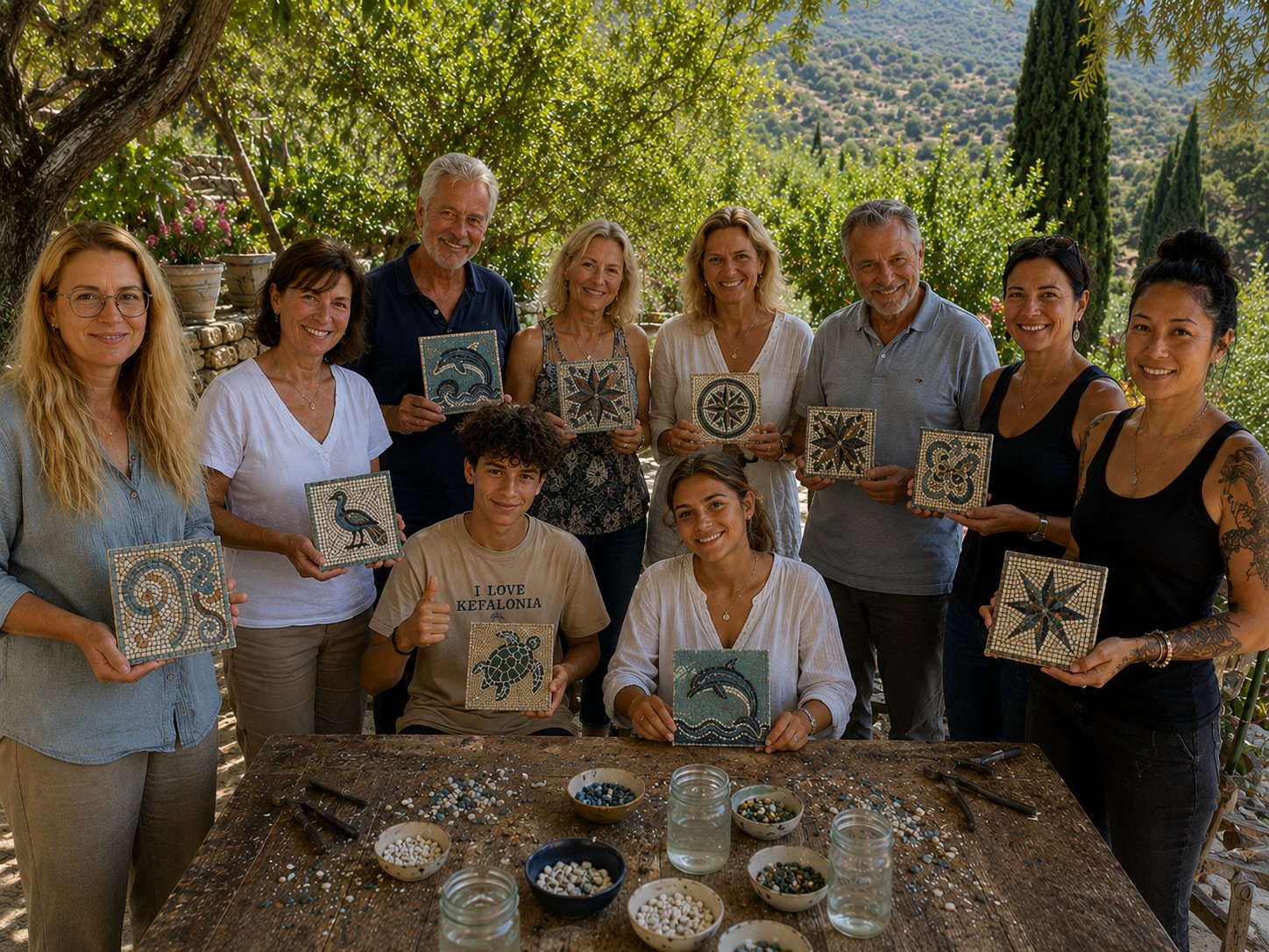 Workshop guests holding up the mosaics they made