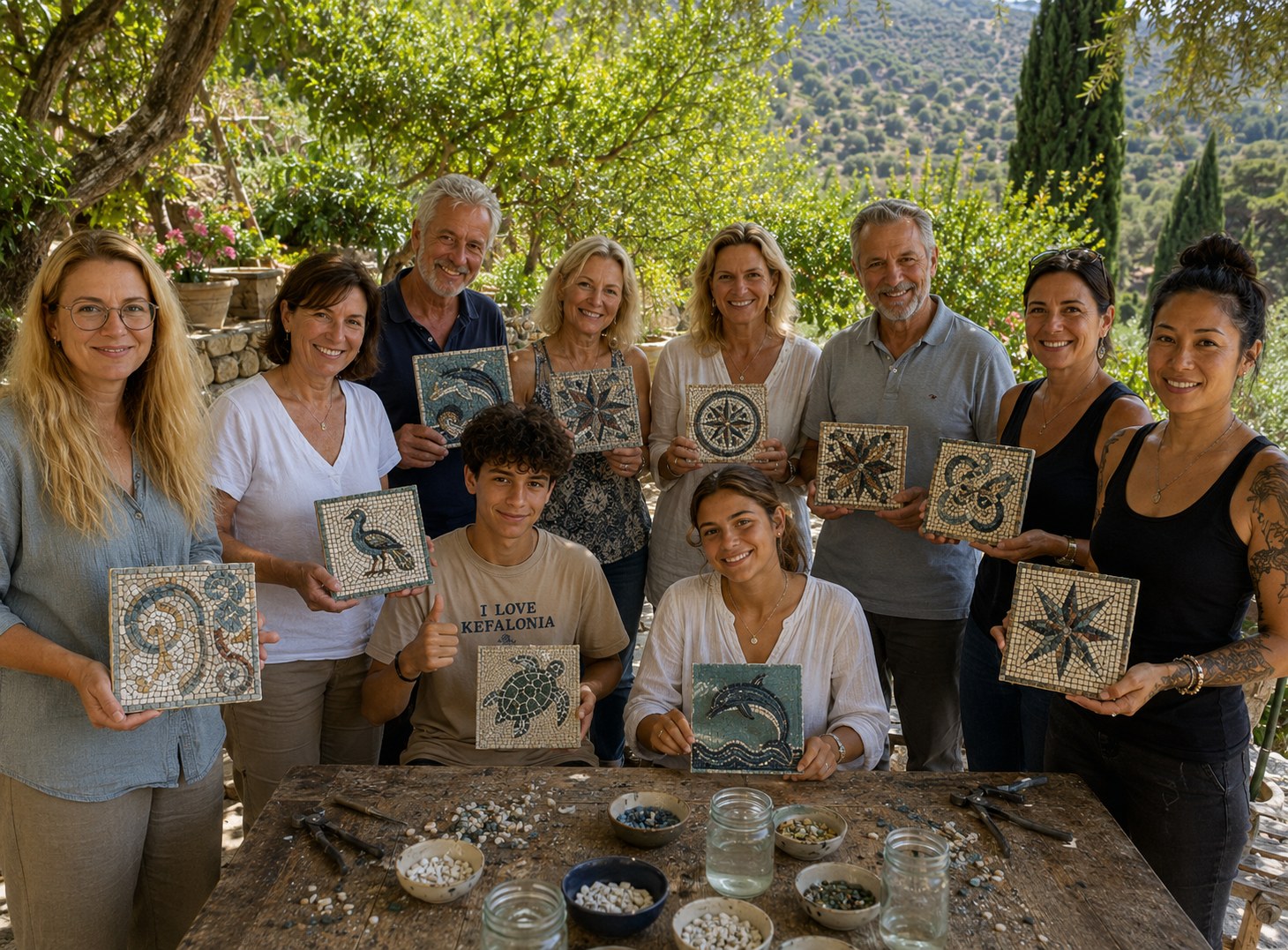 Group holding their finished mosaics