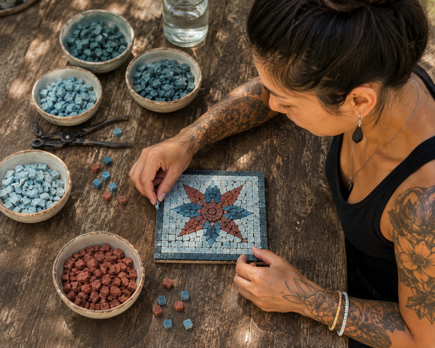 A maker setting a star mosaic from bowls of blue and terracotta tesserae